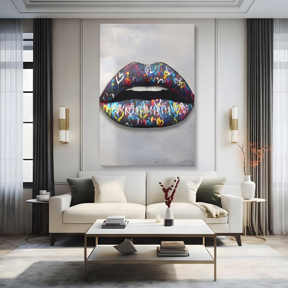 Tablou canvas cu tablou canvas cu buze negre, fara rama, pe sasiu de lemn, pe perete intr-un living
